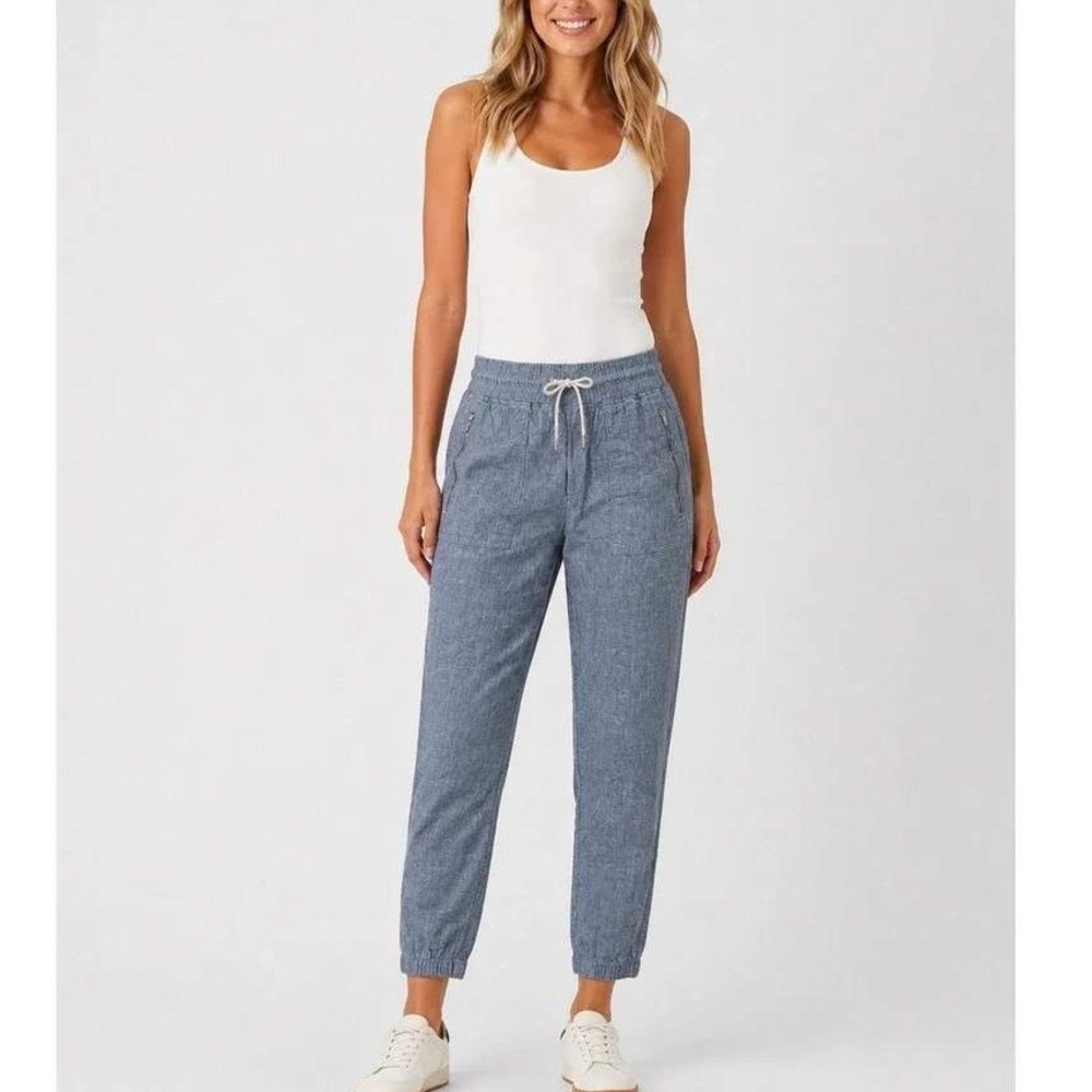 Athleta 100% Linen Jogger Pants Blue Chambray Drawstring Elastic Waist Size 4